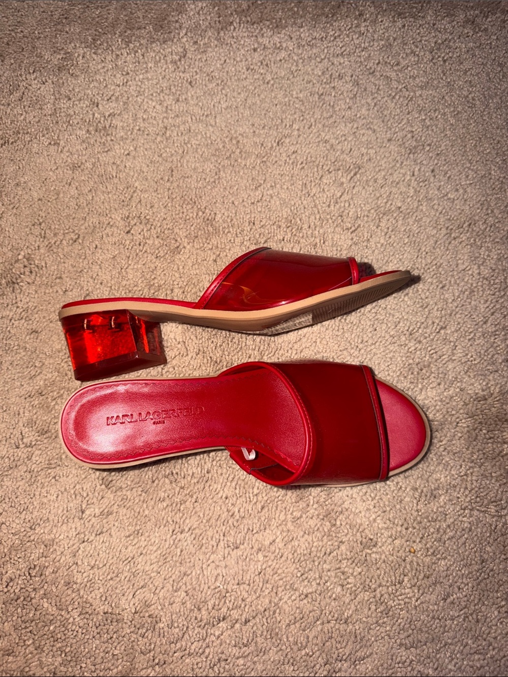 Karl Lagerfeld Red Patent Slide Mules with Translucent Block Heel